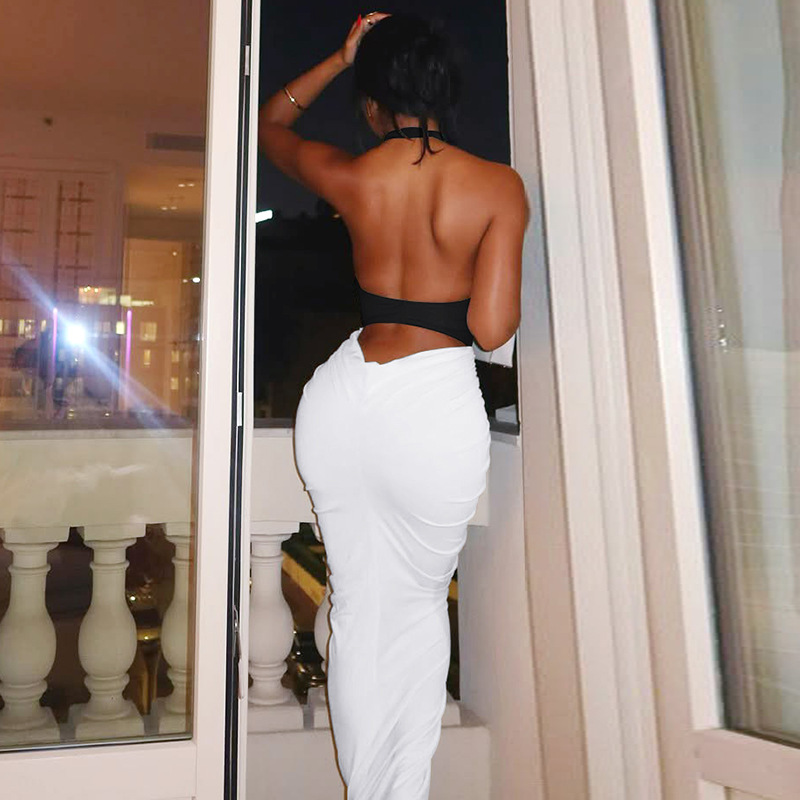 GraceChic European And American Fashion Cross-Border New Sexy Backless Halter Neck Patchwork Color-Block Long Bodycon Dress_voghion.com