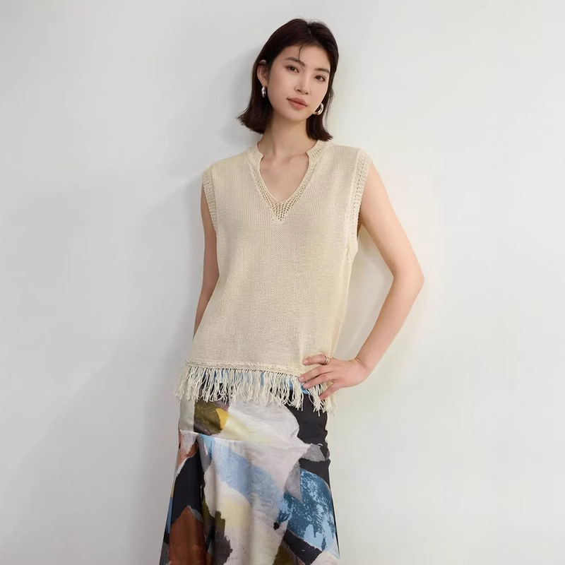 Old Money Style Mulberry Silk and Paper V-Neck Knitted Vest for Women, Outerwear, 2026 New Women's Fashion Top with Fringe Edges