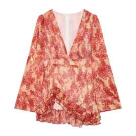 欧美女装跨境2026夏季法式度假风深V领碎花收腰喇叭袖短款连衣裙