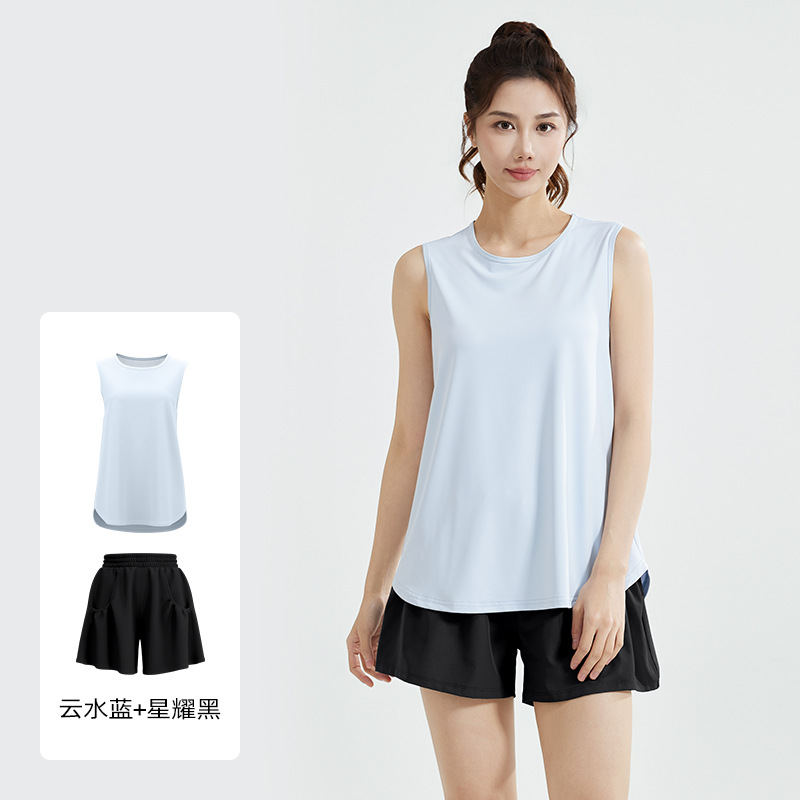 Juyi Tang traje deportivo casual suelto correr malla hermosa espalda sin mangas chaleco camiseta pantalones cortos traje deportivo mujer image 12