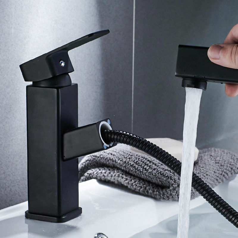 All-copper pull-out bathroom, household washbasin, cold and hot water faucet, countertop basin, sink, washbasin, black faucet full figure