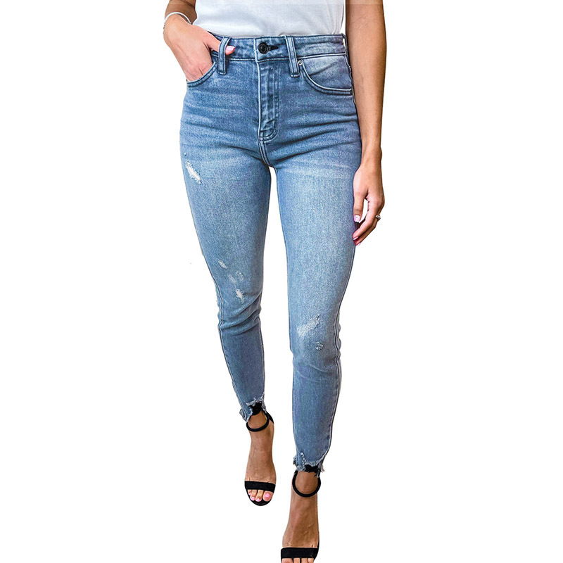 时颖欧美小脚牛仔裤女秋冬新品纯色休闲高腰修身毛边磨破牛仔裤女
