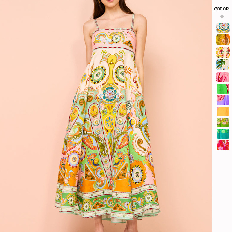 2026 Summer New European and American Cross-Border Independent Brand Sexy Strapless Elegant Printed High-Waisted Flared Dress for Women