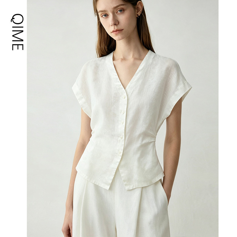 French-Style Linen Shirt for Women, New Summer Model, Slim-Fit, Elegant Blouse, Short-Sleeve Top, High-End Old Money Style