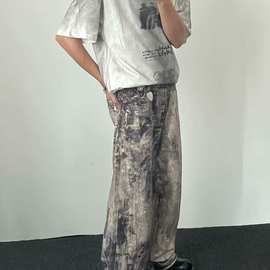 重磅脏脏泼墨数码印花直筒牛仔裤男女阔腿垂感水洗做旧微喇拖地裤