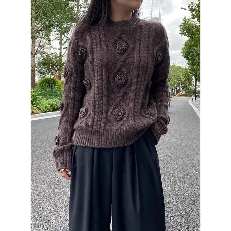 [Kasjmir Arisocraic Family] Fried Dough Twiss-genser med rund hals og blomsterprint, damegenser med løs bomullskrage_voghion.com