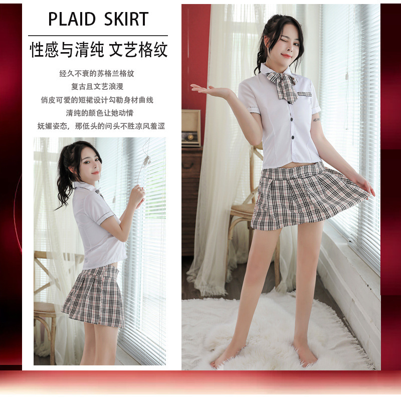 British Plaid Student Uniform Costume Set with Top, Tie and Skirt — detail image 10