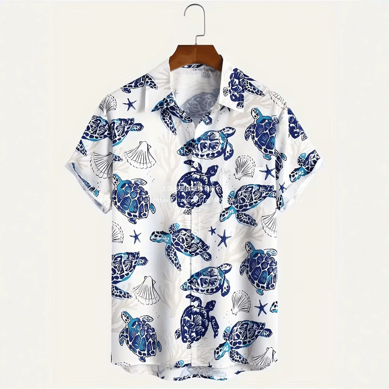Men's Turtle Ocean Short-Sleeved Shirt Hawaiian Style Shirt with All-Over Blue and White Sea Creature Print Loose Fit