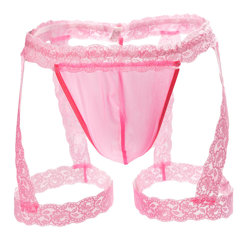 Lace Trimmed Thong Men's Sexy Underwear Transparent Mesh T-Pants Leg Binding Style See-Through Shorts_voghion.com