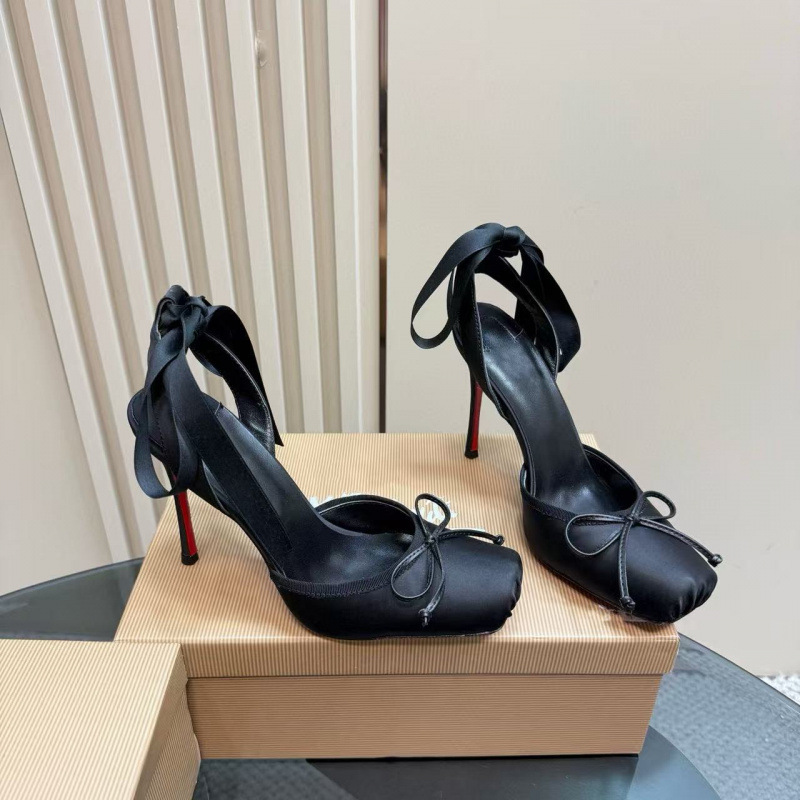 Pig-Nosed Red-Soled Ballet High-Heeled Shoes for Women with Stiletto Heels, Shallow Square Toes, Bow-Knot Toe Caps, and Empty Doll Sandals