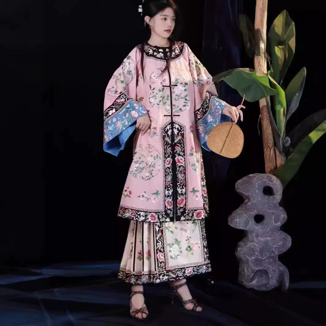 2024 династия Цин, династия хан, новый китайский стиль, ретро, национальный стиль, принт, топ, дворцовый стиль, древний костюм династии Цин, юбка с лицом лошади, костюм