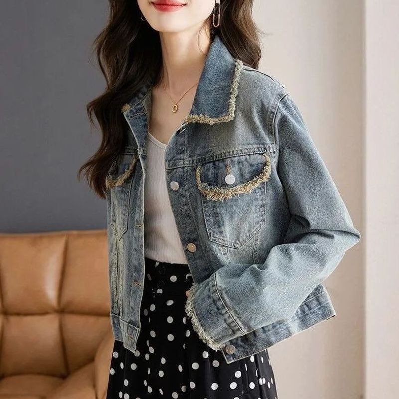 Women's Denim Jacket 2026 Early Autumn New Style Hot Selling Loose Versatile High Waist Petite Stylish Frayed Edge Top Cross-border