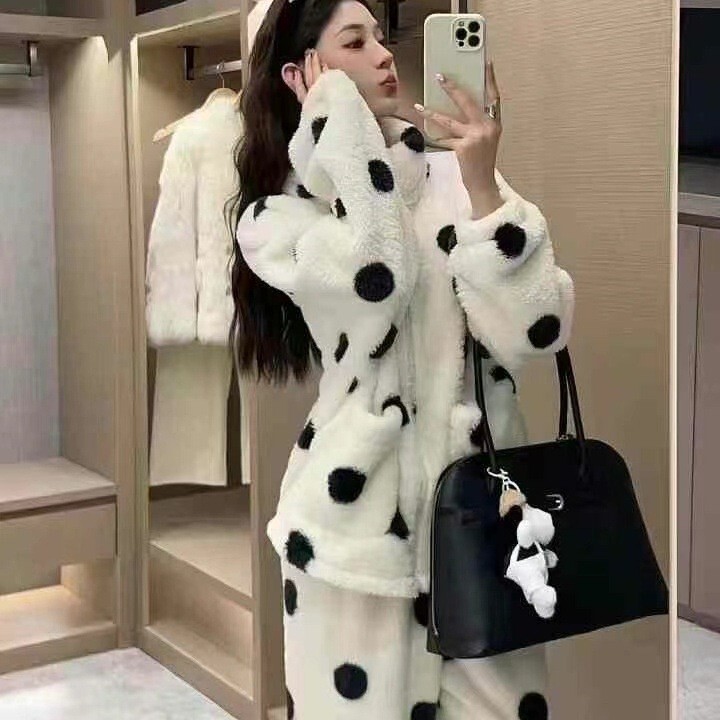 冬季加厚波点立领开衫睡衣女珊瑚绒拉链家居服宽松保暖两件套装女|undefined