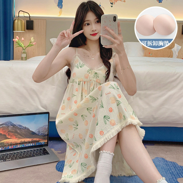 Pijamas de verano de niña cabina larga falda cojín de pecho camiseta ropa casera nubes de algodón dulce ropa casera