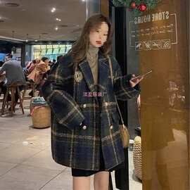 赫本风毛呢大衣女新款秋冬小个子复古中长款西装格子加厚外套