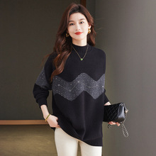 中长款烫钻撞色毛衣女秋冬装新款时尚宽松大码女装加厚针织衫女