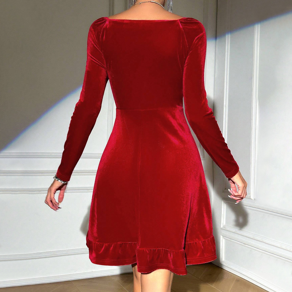 Women's Clothing elegant red dress autumn and winter fashion all match temperament V neck short skirt_ipsvogv.com