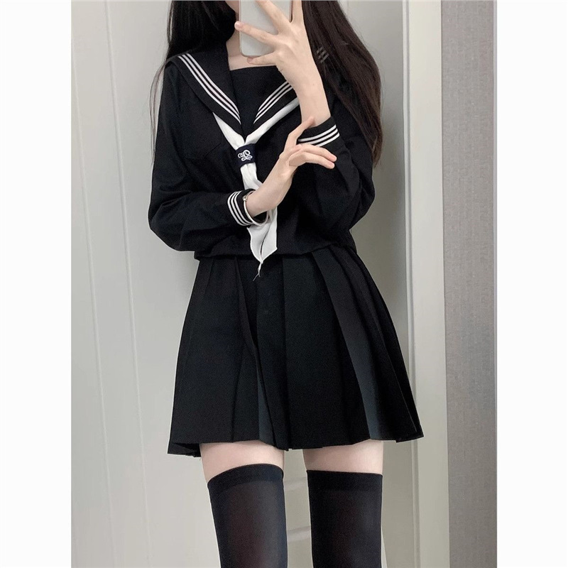 原创JK正统基础jk制服裙套装正版日系学生院黑三本中间水手服套装|undefined