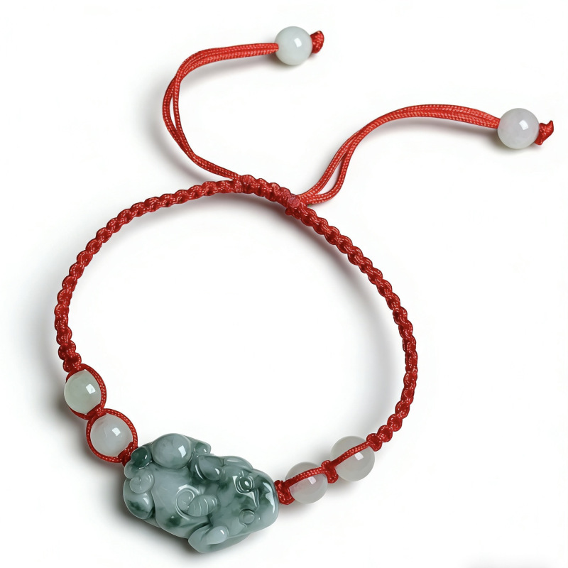 Natural A-Grade Jade Pixiu Red String Bracelet, Ice-Type Jade, Unisex Handmade Woven Wealth-Attracting Bracelet Jewelry