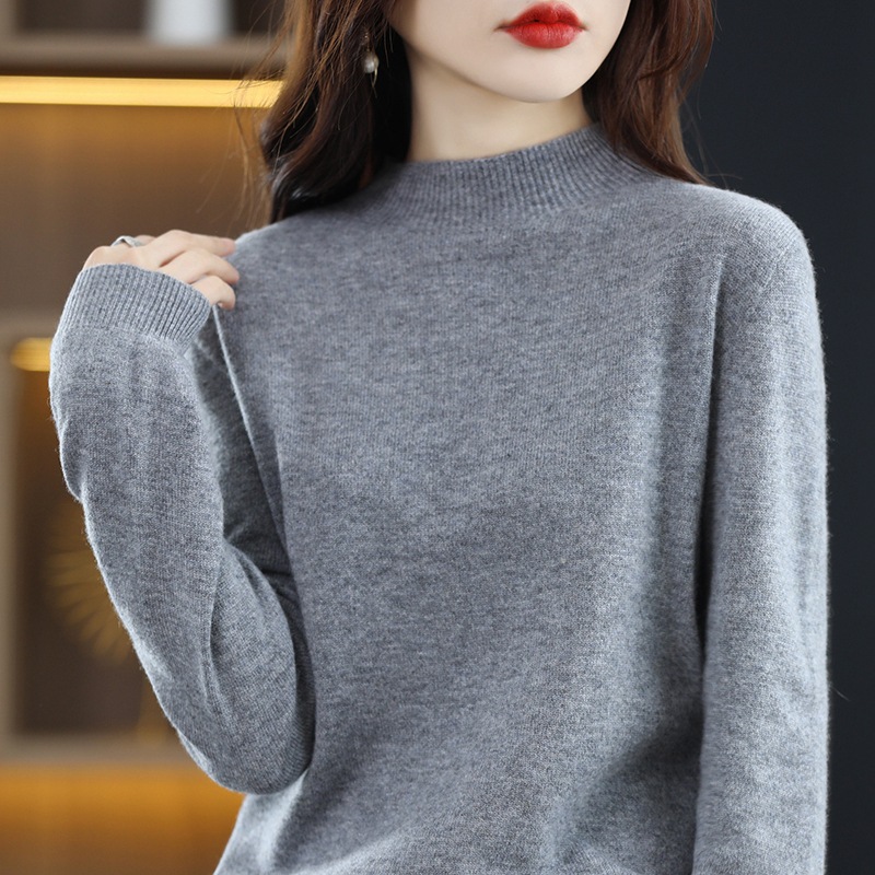 Primavera camisa de fondo popular suéter de las mujeres medio cuello alto suéter de color sólido de moda todo-fósforo entrega de una sola pieza image 5