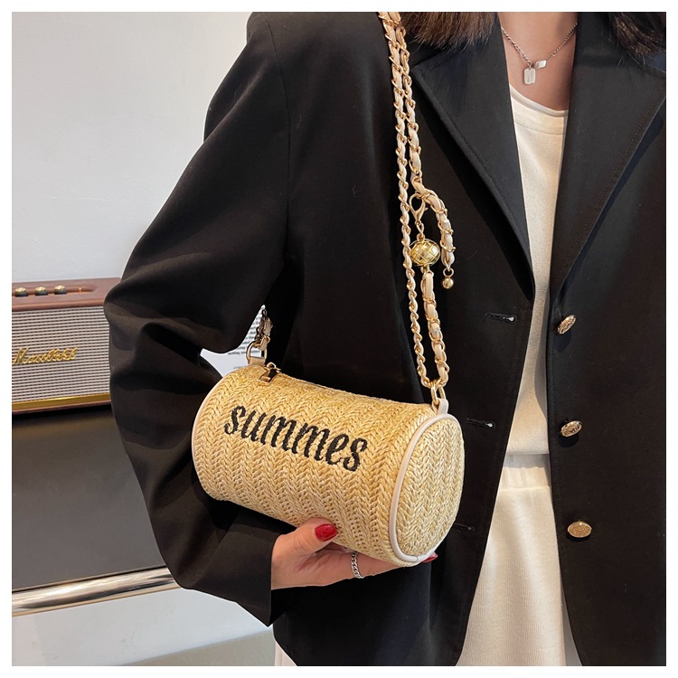 Femmes Moyen Toutes Les Saisons Paille Lettre Style Classique Cylindrique Fermeture Éclair Sac Seau display picture 2