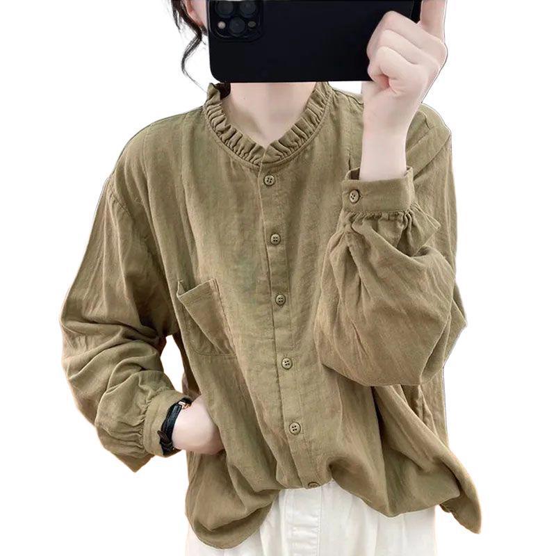 长袖衬衫女2024春秋季纯色复古宽松时尚百搭显瘦衬衣打底外穿|undefined