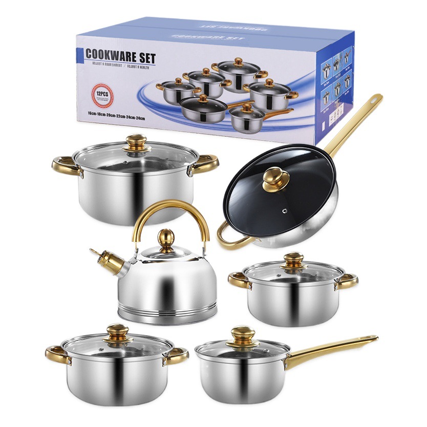 Comercio exterior transfronterizo engrosado juego de ollas de acero inoxidable olla de sopa olla de leche sartén con hervidor de agua Juego de 12 piezas México Indonesia