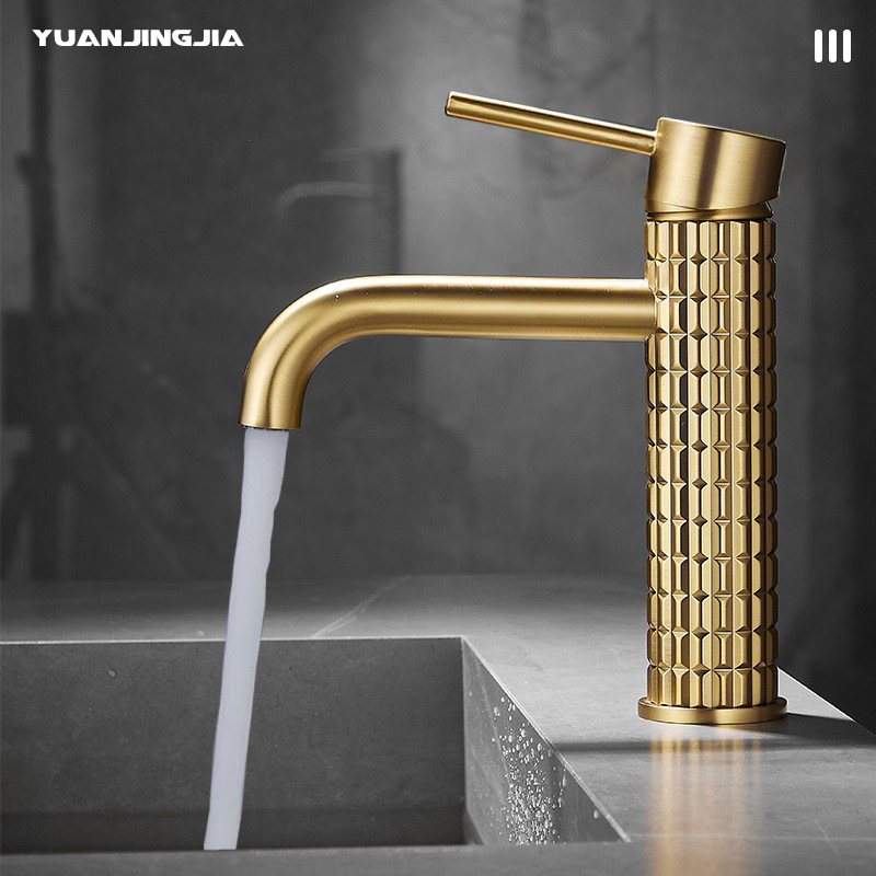 Brushed Gold Brass Light Luxury Basin Faucet Hotel Bathroom Bathroom Cabinet Hot and Cold Washbasin Faucet Splash-Proof