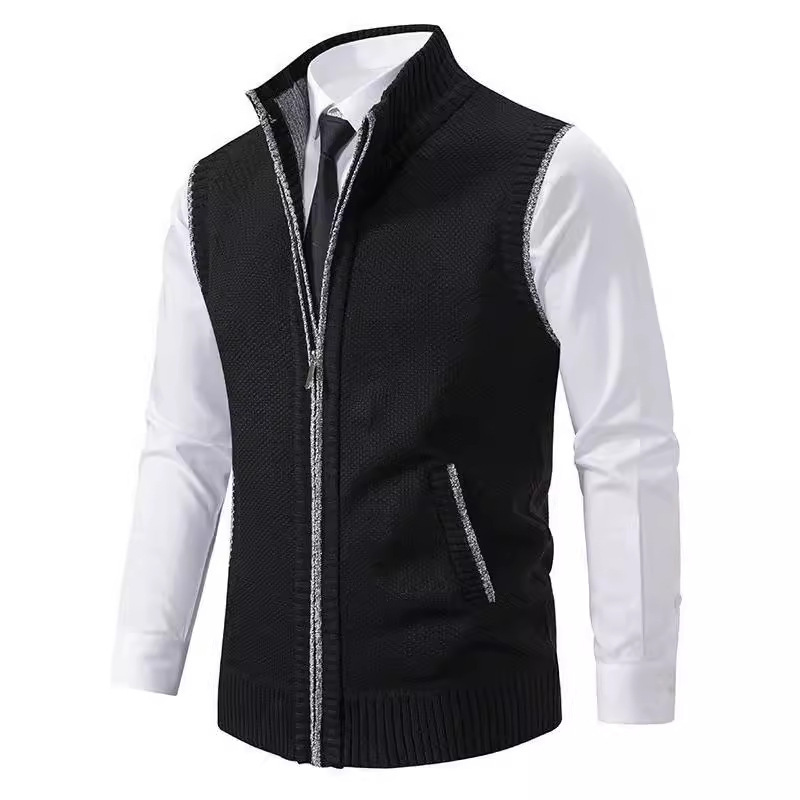 Cross-Border 2026 Autumn and Winter Men's Knitted Vest with Stand Collar, Sleeveless Sweater Vest, Thickened Zip-Up Vest Jacket