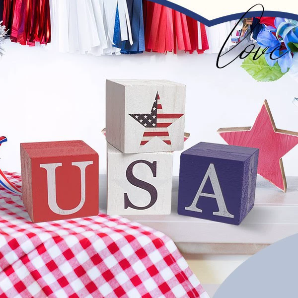 Новый горячий продукт, декоративные квадратные украшения на День независимости, буквы на День независимости, звезды, национальный флаг, деревянные поделки