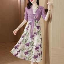 雪纺套裙2024春夏新款紫色开衫印花时尚气质减龄大摆连衣裙两件套