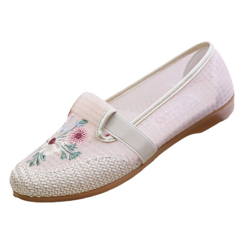 Женские туфли в стиле старого Пекина, летние сетчатые туфли с вышивкой, женские туфли на мягкой резиновой подошве с защитой от скольжения, без застежек, для женщин среднего и старшего возраста.