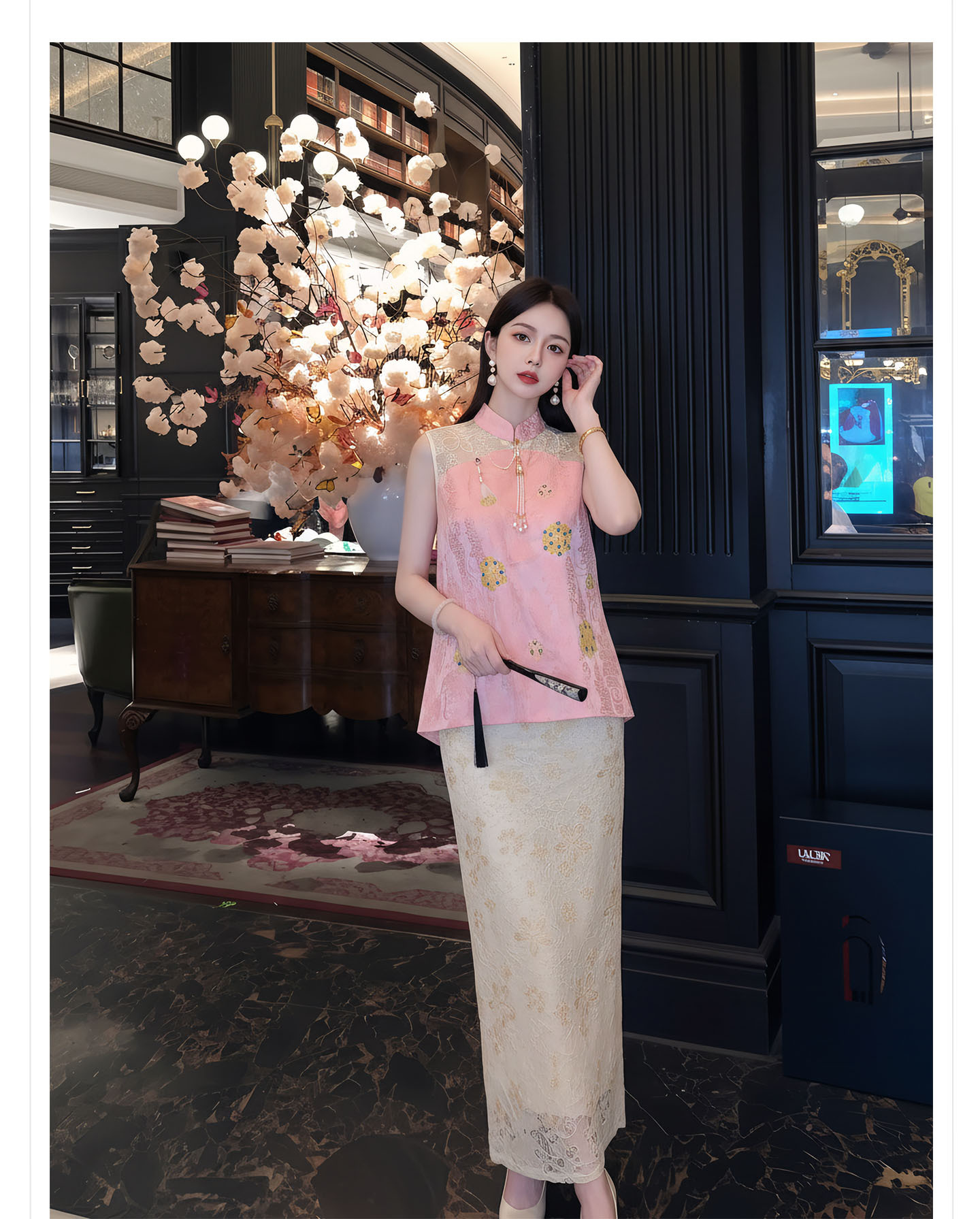 Bộ đầm vest không tay cổ đứng thêu hoa kết hợp chân váy ren phong cách Tân Trung Hoa — bộ đồ, nửa váy, Trang chủ chi tiết 7