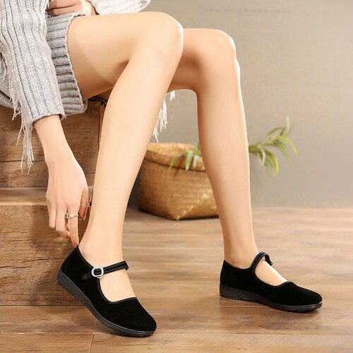 Factory Dropshipping Old Beijing Cloth Shoes Women's Flat Black With Belt For Hotel Work Etiquette Dance Black Cloth Shoes