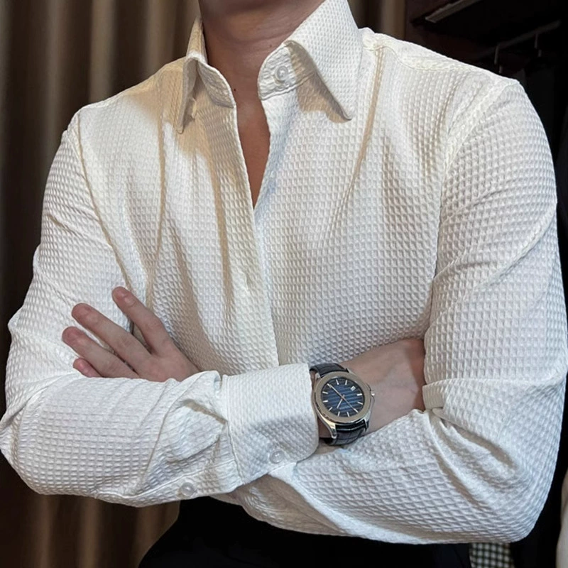 Вафли рубашки для мужчин легкий ветер бизнес высокого класса японский ретро тренд новый бесшовный свободный повседневный длинный рукав