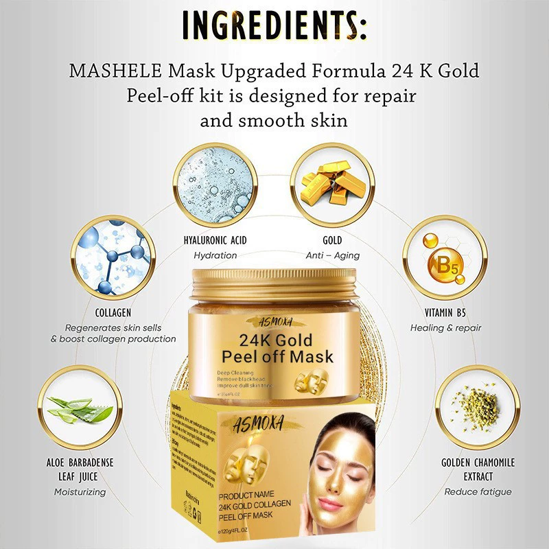 Съемная маска лица 24K Gold Peel Off: обновляющая, разглаживает кожу, удаляет акне и черные точки