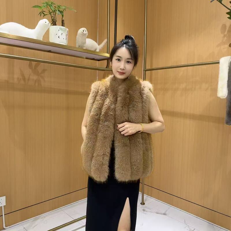 2026 Fall/Winter New Fashionable Puff Style Young Women's Faux Fox Fur Vertical Stripe Vest with Leather Trim 2026 Fall/Winter New Fashionable Puff Style Young Women's Faux Fox Fur Vertical Stripe Vest with Leather Trim