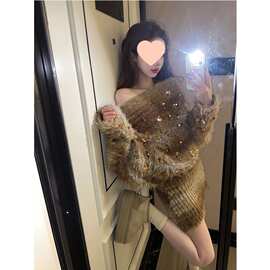 美式设计感一字肩亮片露肩套头针织上衣女秋冬季新款外穿百搭毛衣