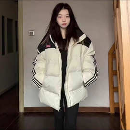 美式复古拼接条纹棉服棉衣男冬季外套小众街头学生加厚保暖面包服
