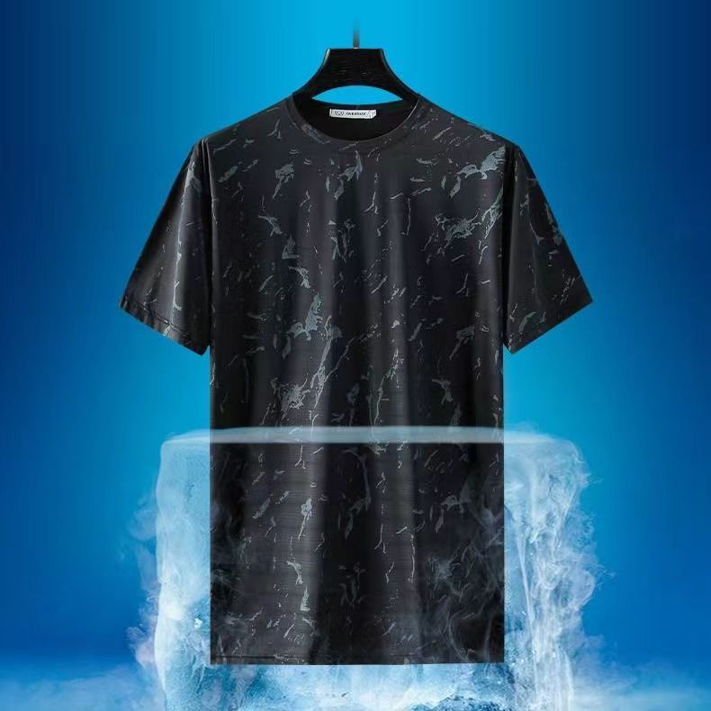 Traje de seda de hielo para hombre, conjunto de verano con estampado, camiseta de manga corta y pantalones cortos, deportivo, informal, talla grande, holgado, con cuello redondo.