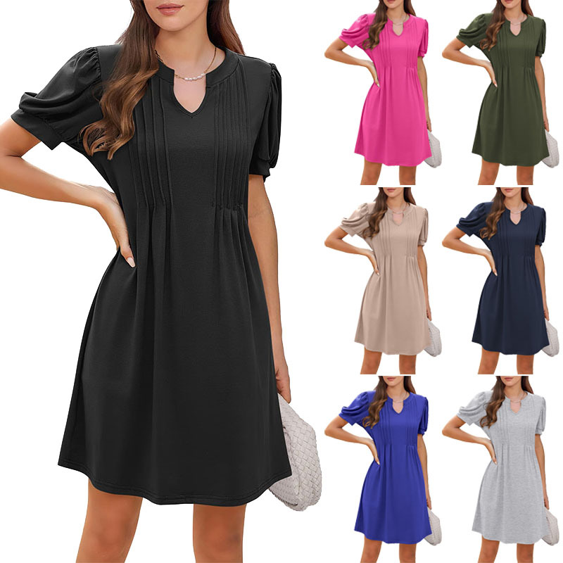 2025亚马逊跨境女装外贸新款纯色短袖休闲女式宽松一字领短裙