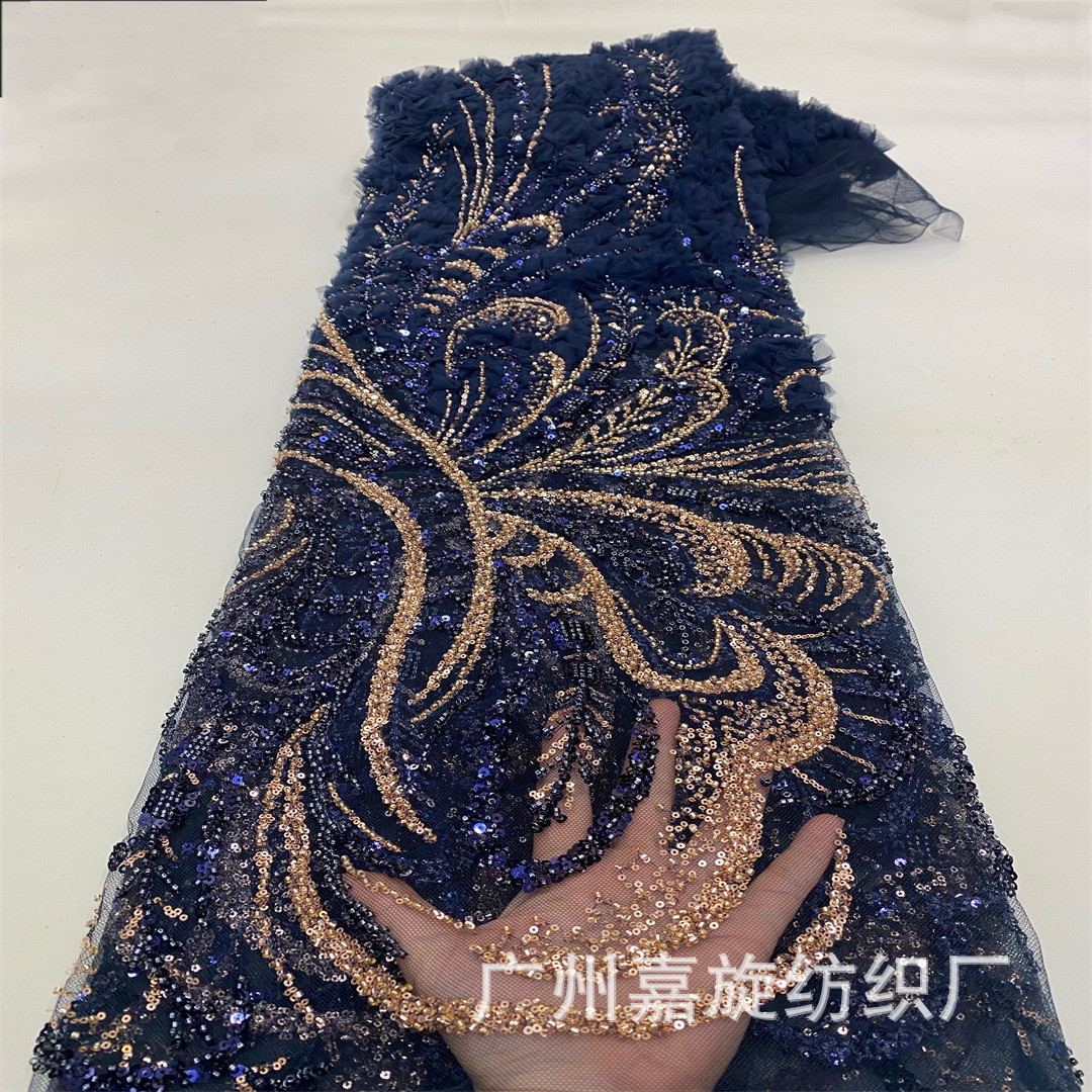Placa tridimensional de encaje tubo de perlas de posicionamiento flor grande vestido de boda tela alta fijación vestido de banquete rendimiento T pasarela tela bordada