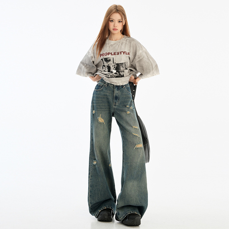 Retro Blue Irregular Ripped Wear Micro-Lar Jeans High Waist Loose Wide Leg Women's Design Sense Niche Spring and Summer Retro Blue Irregular Ripped Wear Micro-Lar Jeans High Waist Loose Wide Leg Women's Design Sense Niche Spring and Summer