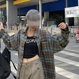 【专供东南亚】蓝色格子衬衫外套女宽松春夏新款休闲百搭长袖衬衣