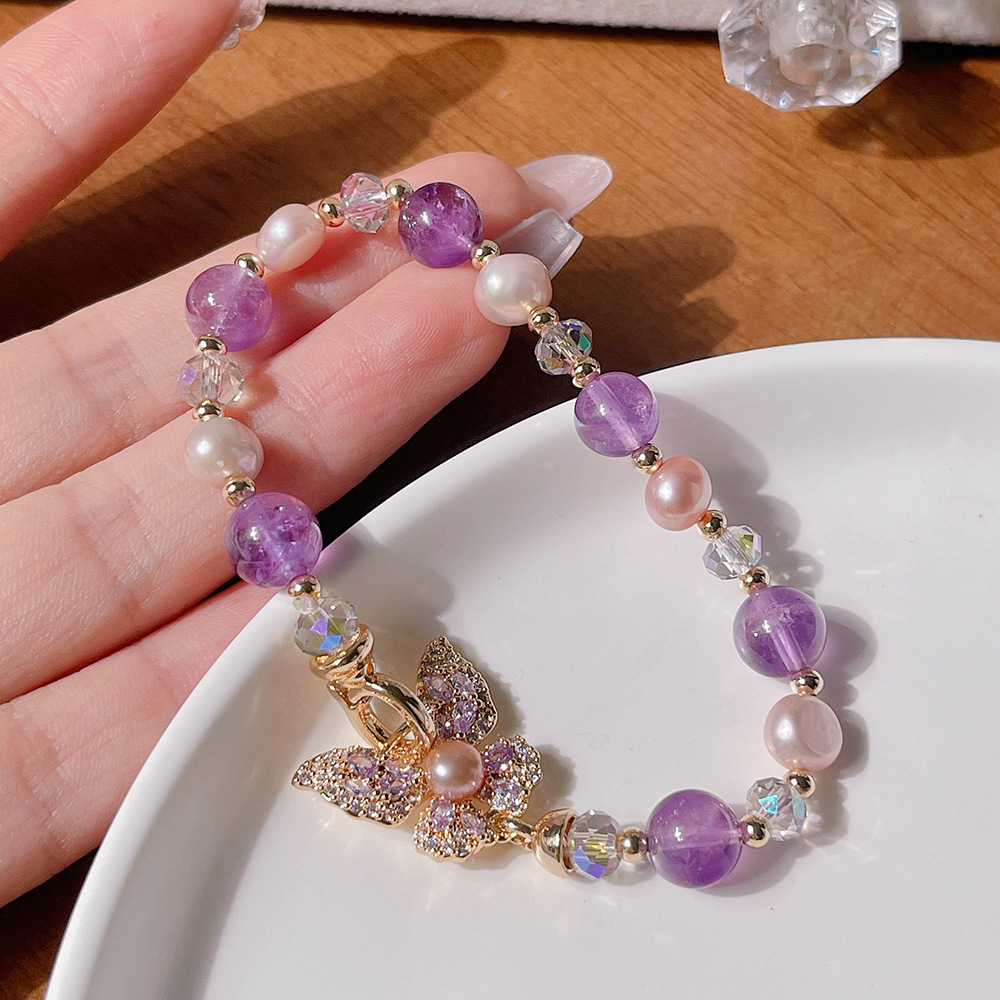 Elegant organic small design crystal bracelet with amethyst pearl…