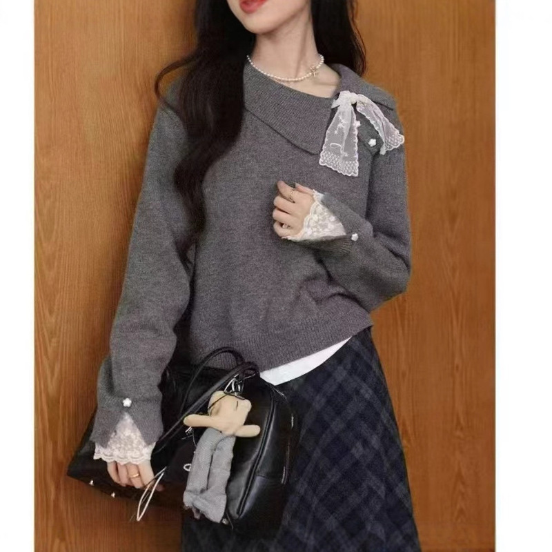 High-End Gentle Style Gray Pullover Sweater Autumn and Winter Women's New Lace Lace Long-Sleeved Knitted Bottoming Shirt Top