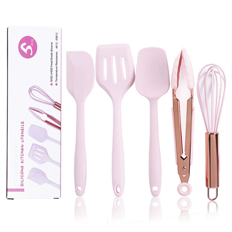 Small silicone kitchenware, golden children's set contains rose, scraper