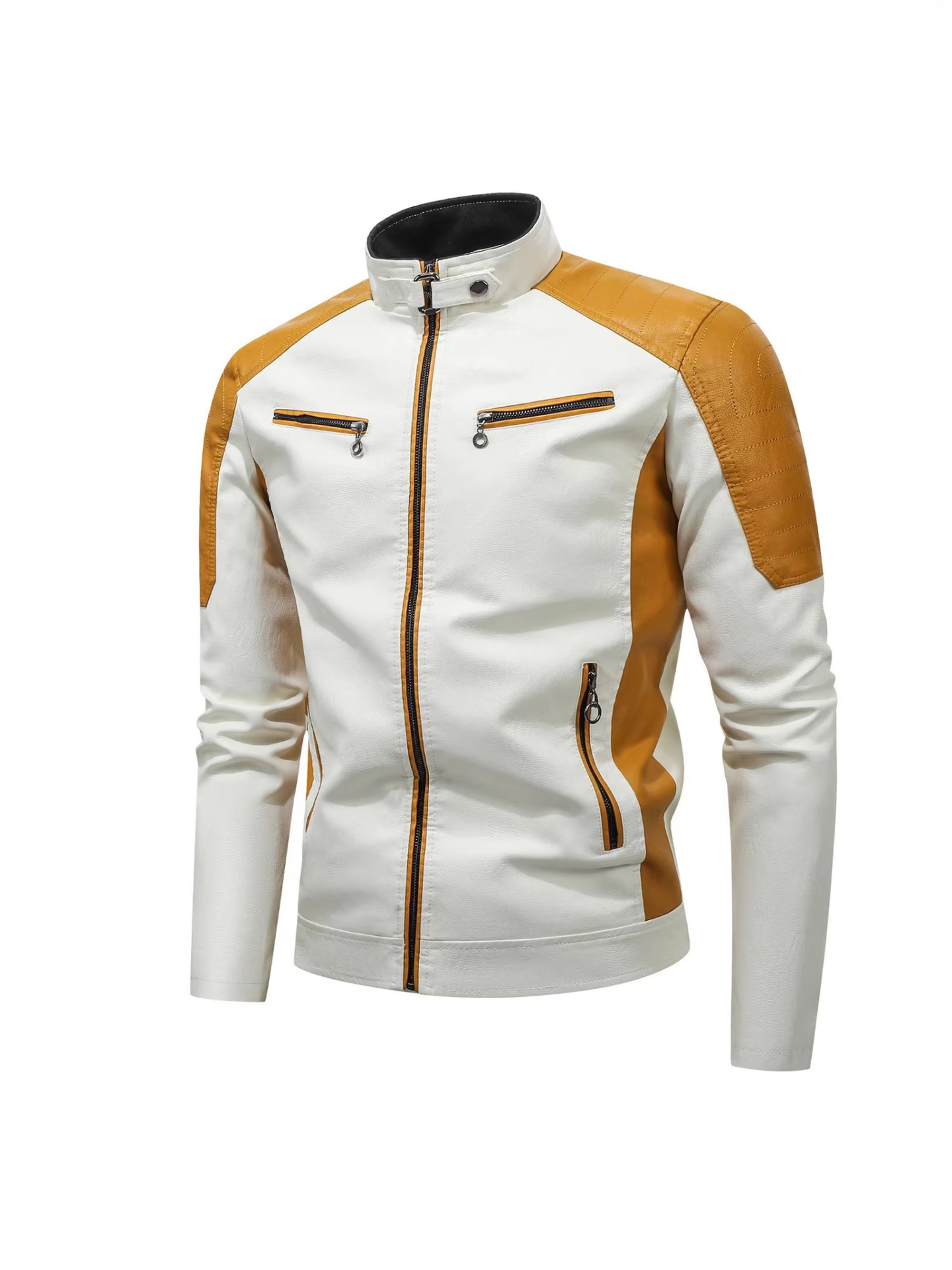 2026 primavera y otoño locomotora casual chaqueta de cuero empalmado chaqueta de cuero de moda masculina de collar retró cálida chaqueta de cuero