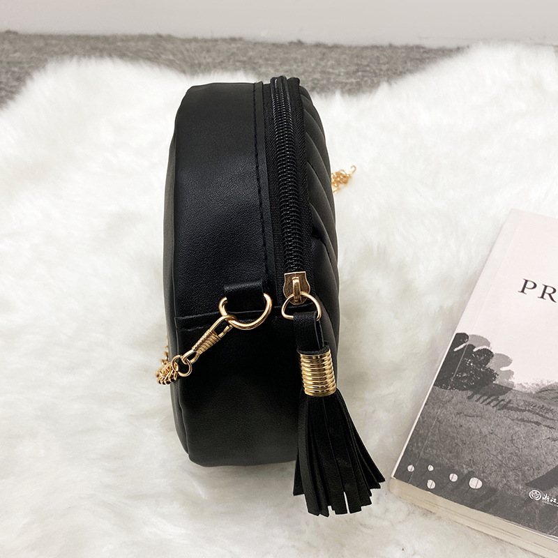 Bolso Redondo de Hombro Bordado para Mujer, PU, con Borla y Cadena, para Uso Diario