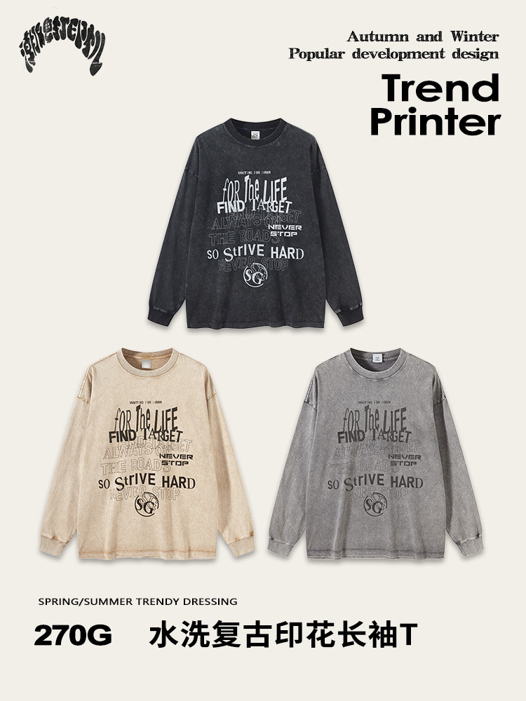 2025 primavera marca de moda europea y americana lavado con agua imprimida camiseta de hombre blusa casual cuello redondo letras de manga larga tee ropa de hombre